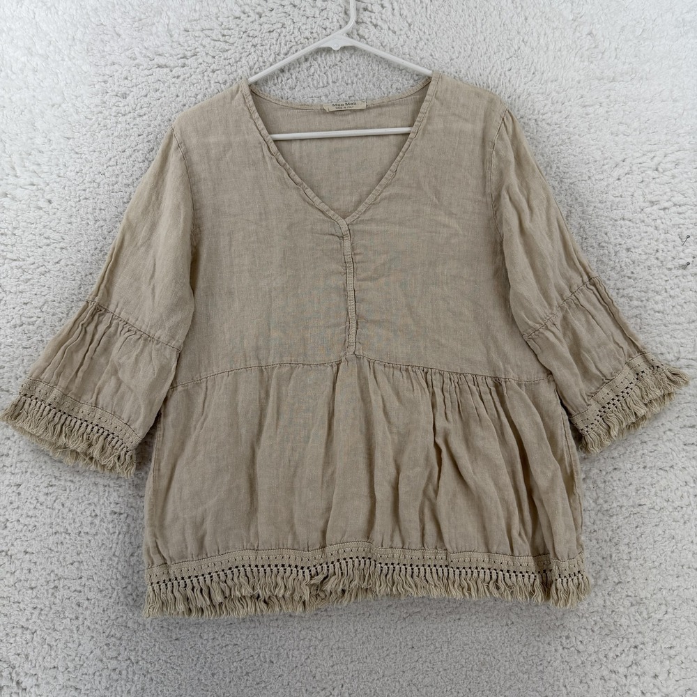 Meo Meli Blouse Womens L Beige V Neck 3/4 Bell Sleeve Fringe Linen Boho Italy